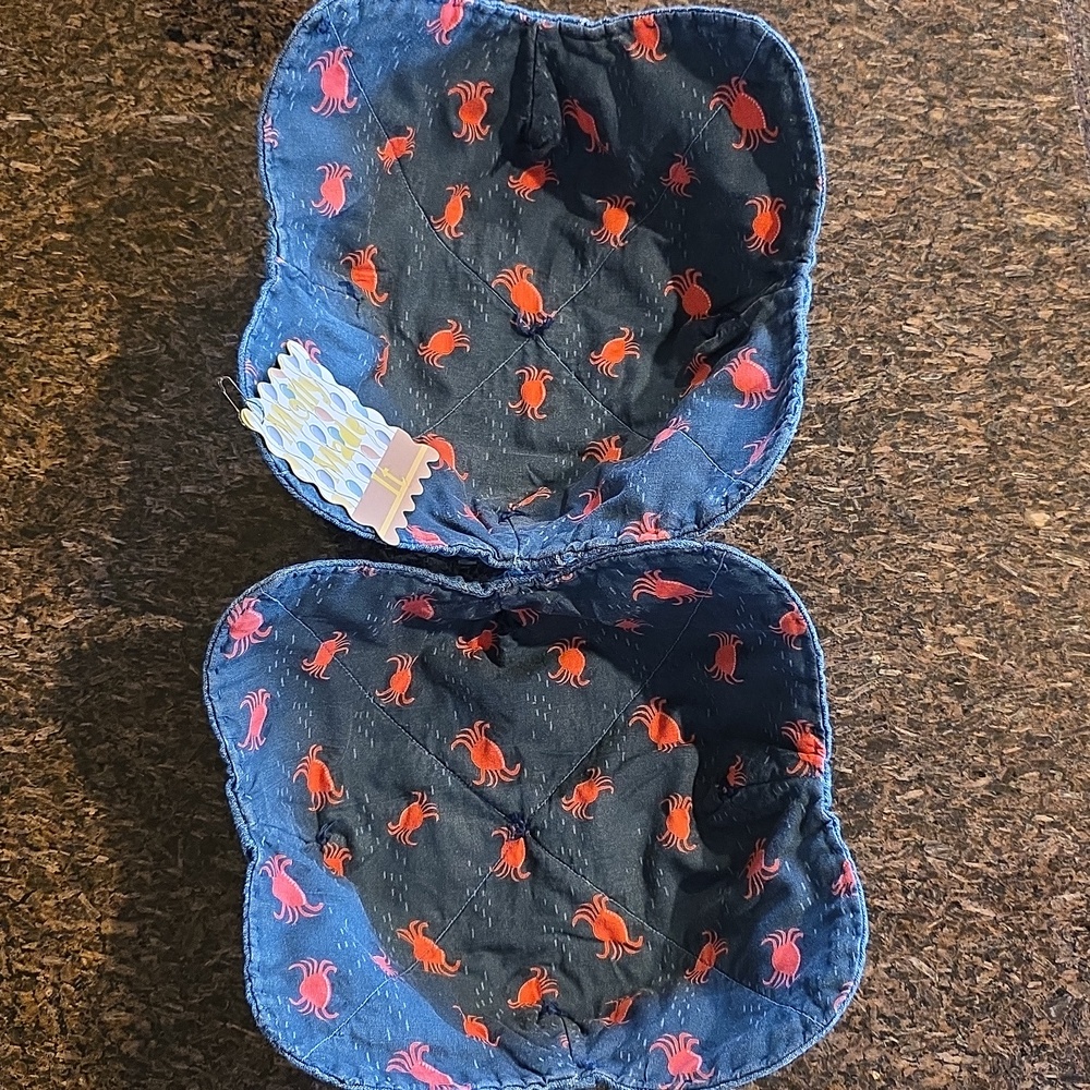 Red Crabs On Blue Print 2 Cozies Upcycled Blue Denim Jeans Hand Crafted XL